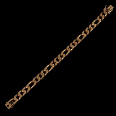 a gold chain bracelet with a clasp on a black background