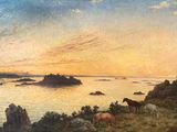 painting of a sunset over a body of water with horses in it