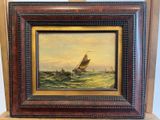 une peinture à l'huile représentant un bateau en mer avec un homme à bord