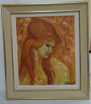 painting of a woman with long red hair in a gold frame