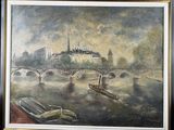 an oil painting of a river scene with a bridge and a boat