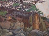 an image of a painting of rocks and trees on a cliff