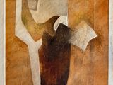 peinture abstraite représentant un homme tenant un livre et un verre à vin