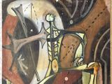 un tableau accroché au mur d'une pièce, représentant un vase et un vase