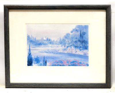framed watercolor painting of a winter landscape with trees and a lake