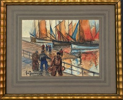a painting of a group of people walking on a pier