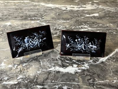 Paire de plaques émaillées à décor en grisaille d’outils du …