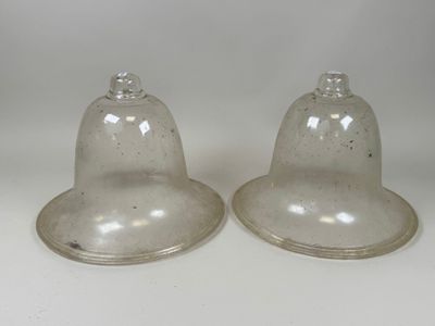 une paire de cloches en verre transparent avec leurs couvercles, posées sur une surface blanche