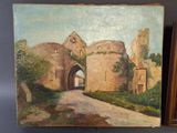 an oil painting of a castle with a road going through it