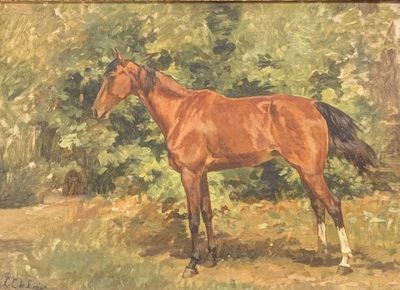 a painting of a brown horse standing in a field