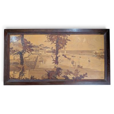 painting of a view of a lake with boats in the water