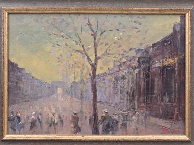 une peinture à l'huile représentant des personnes marchant dans une rue de la ville sous la pluie