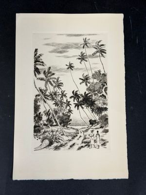 un vieux dessin en noir et blanc représentant une scène tropicale avec des palmiers
