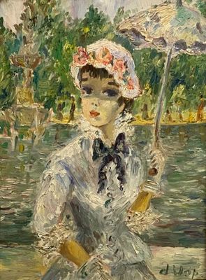 painting of a woman in a white dress and hat holding an umbrella
