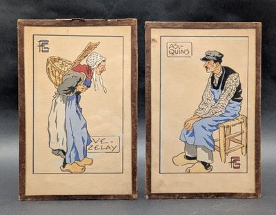 pair of antique japanese wood framed paintings of a man and a woman