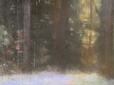 an oil painting of a yellow fire hydrant in the middle of a forest