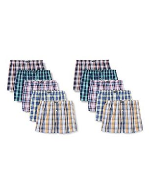 a set of four men ' s plaid boxers in various colors