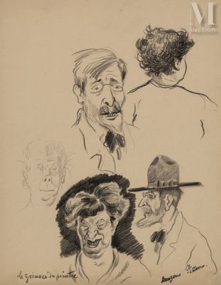 drawing of a group of people with hats and a man smoking a pipe