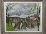 an oil painting of a bridge over a river with a building in the background