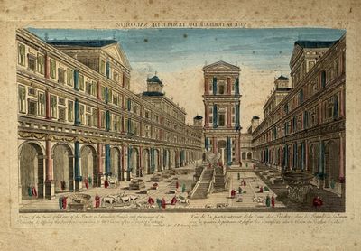 un dessin représentant une rue avec une fontaine au milieu