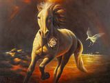 un tableau représentant un cheval galopant dans un champ, avec des oiseaux qui volent tout autour