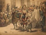 tableau représentant un groupe de personnes rassemblées autour d'un homme tenant un petit enfant dans ses bras