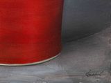 a painting of a red vase sitting on a table