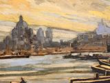 a painting of a cityscape with boats in the foreground