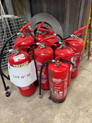fire extinguisors are lined up in a row on the sidewalk