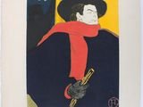 painting of a man in a black hat and red scarf with a black cat behind him
