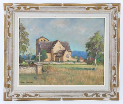 une peinture à l'huile représentant une scène de ferme avec une grange en arrière-plan