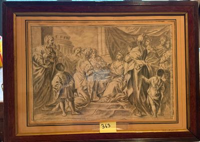 tableau représentant un groupe de personnes dans une pièce, avec un drapeau en arrière-plan