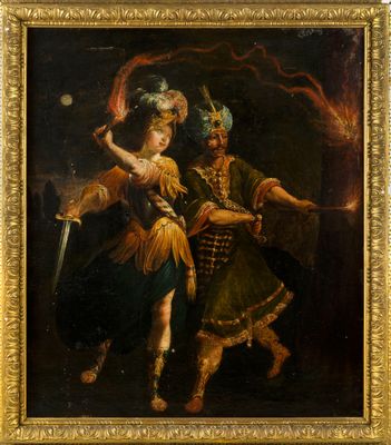une peinture à l'huile représentant deux hommes en costume, tenant des épées
