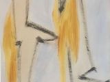 painting of a man with a hat and a yellow tie on a chair