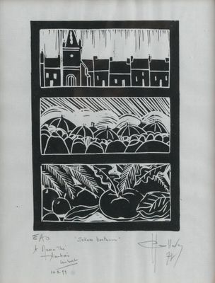 a black and white drawing of a window with a view of a city
