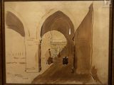 tableau représentant une scène de rue où un homme et une femme passent sous une arche