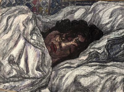 tableau représentant un homme allongé dans son lit, recouvert d'un drap blanc