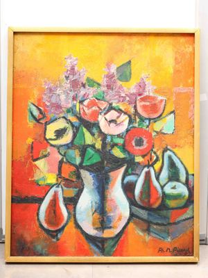un tableau représentant des fleurs dans un vase et des poires sur une table