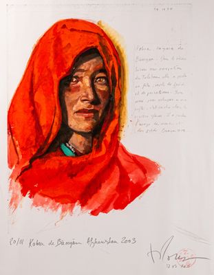 painting of a woman in a red hoodie with a handwritten note