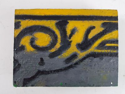 peinture représentant un panneau jaune et noir sur lequel est inscrit le mot « love »