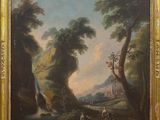 an oil painting of a landscape with cattle and a waterfall