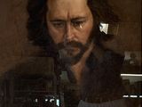 painting of a man with a beard and glasses looking at a cell phone