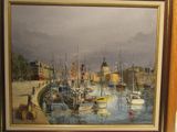a painting of a harbor scene with boats in the water