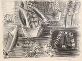a black and white drawing of a boat in the water