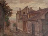 a painting of a man walking down a cobblestone street
