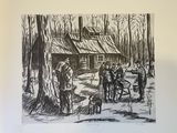 drawing of a group of people standing in front of a cabin in the woods