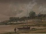 une image d'un tableau représentant un bateau sur la plage