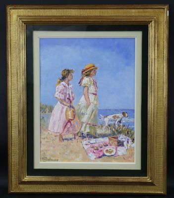 un tableau représentant deux femmes sur la plage avec un chien