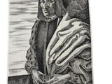 a black and white drawing of a man in a hat and coat