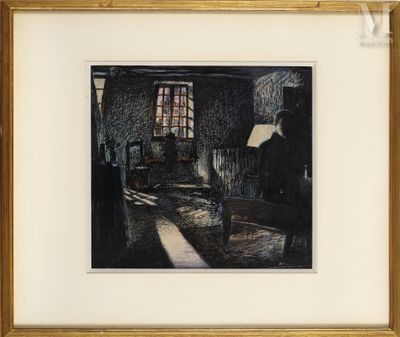 une image représentant un tableau d'une pièce avec une chaise et une fenêtre